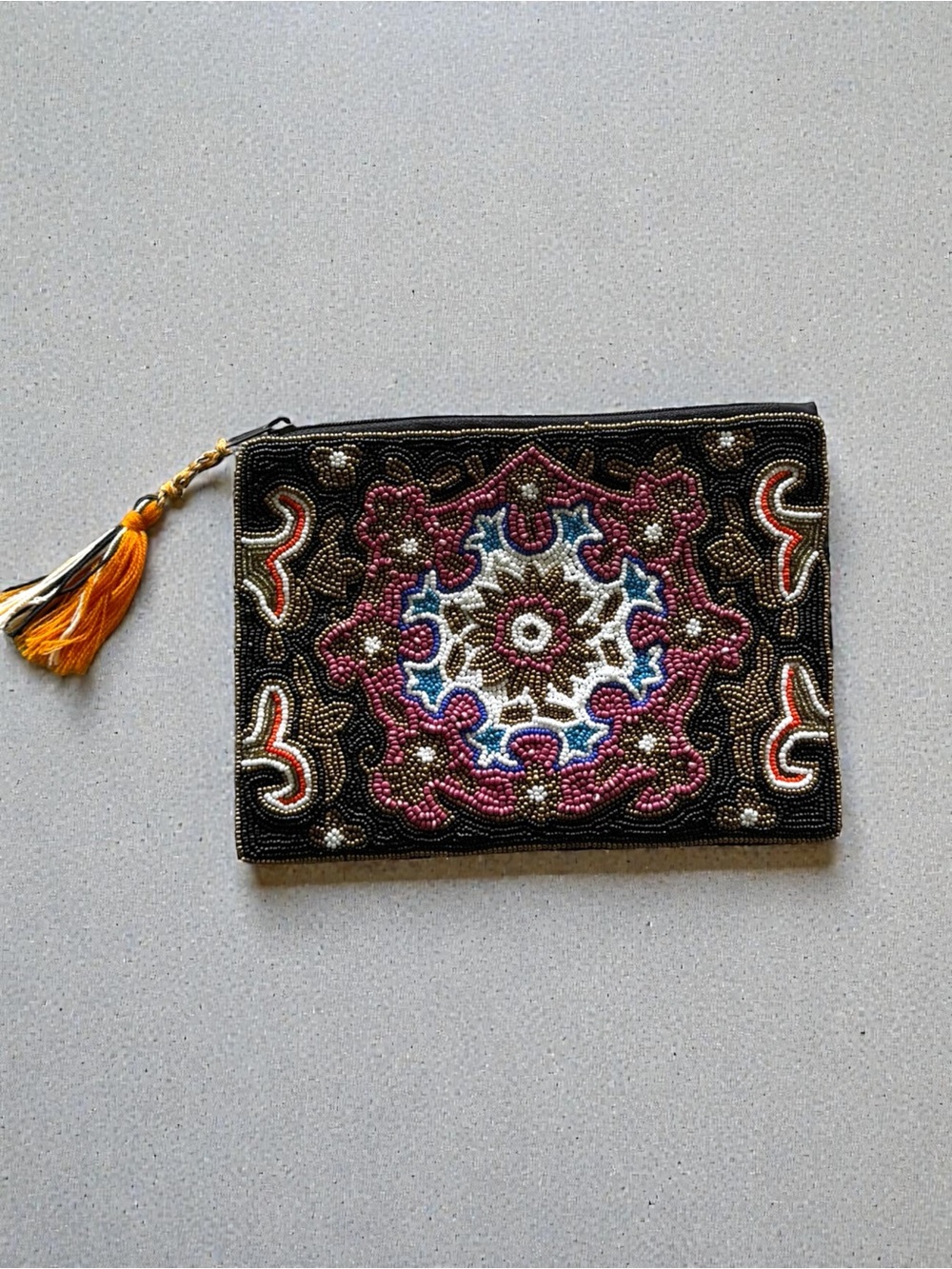 Black Beaded Mosaic Wristlet Clutch with Tassel Accent